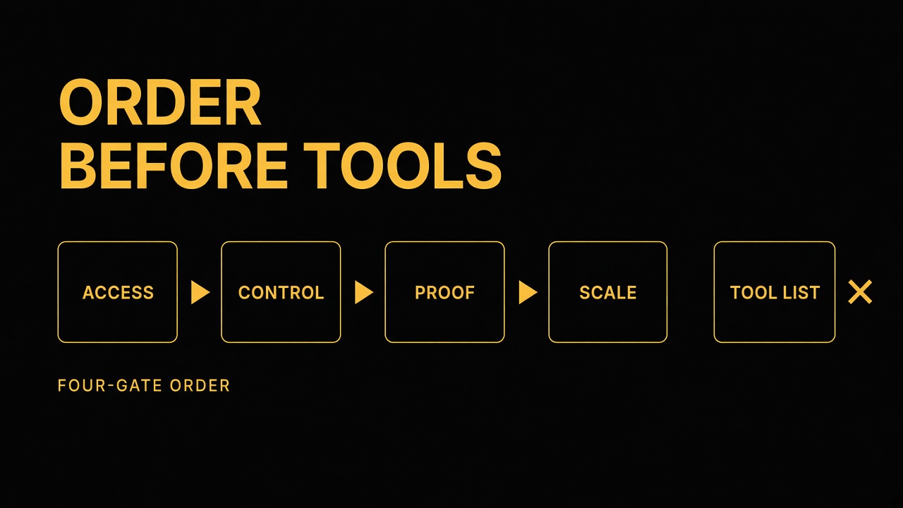 Gold-on-black diagram. Hook: ORDER BEFORE TOOLS. Chain: Access, then Control, then Proof, then Scale. The rejected side path is a tool list. Footer: Four-Gate Order.