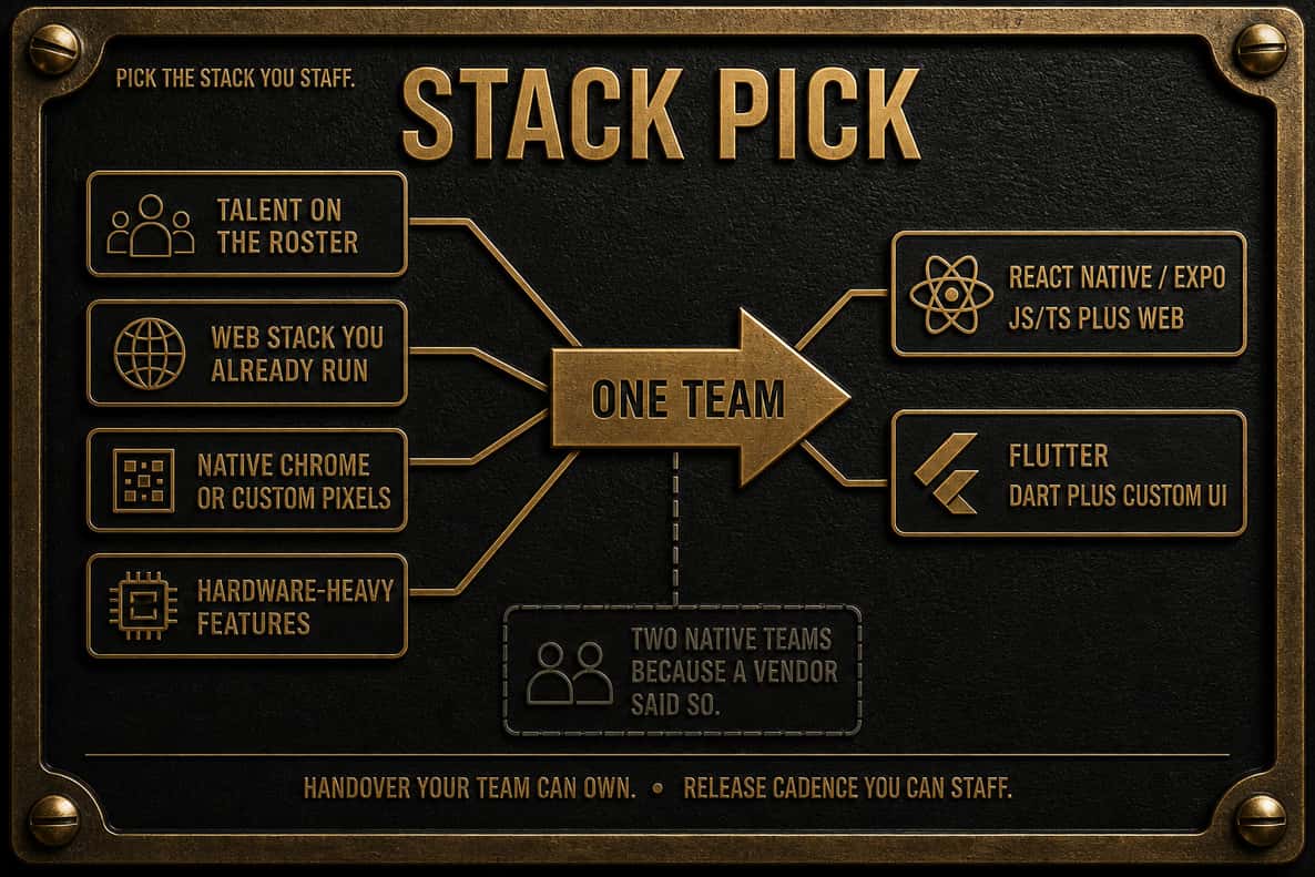 React Native vs Flutter stack pick: talent on the roster, the web stack you already run, native chrome or custom pixels, and hardware-heavy features feed one team. Outputs are React Native with Expo, or Flutter. The rejected path is two native teams because a vendor said so.