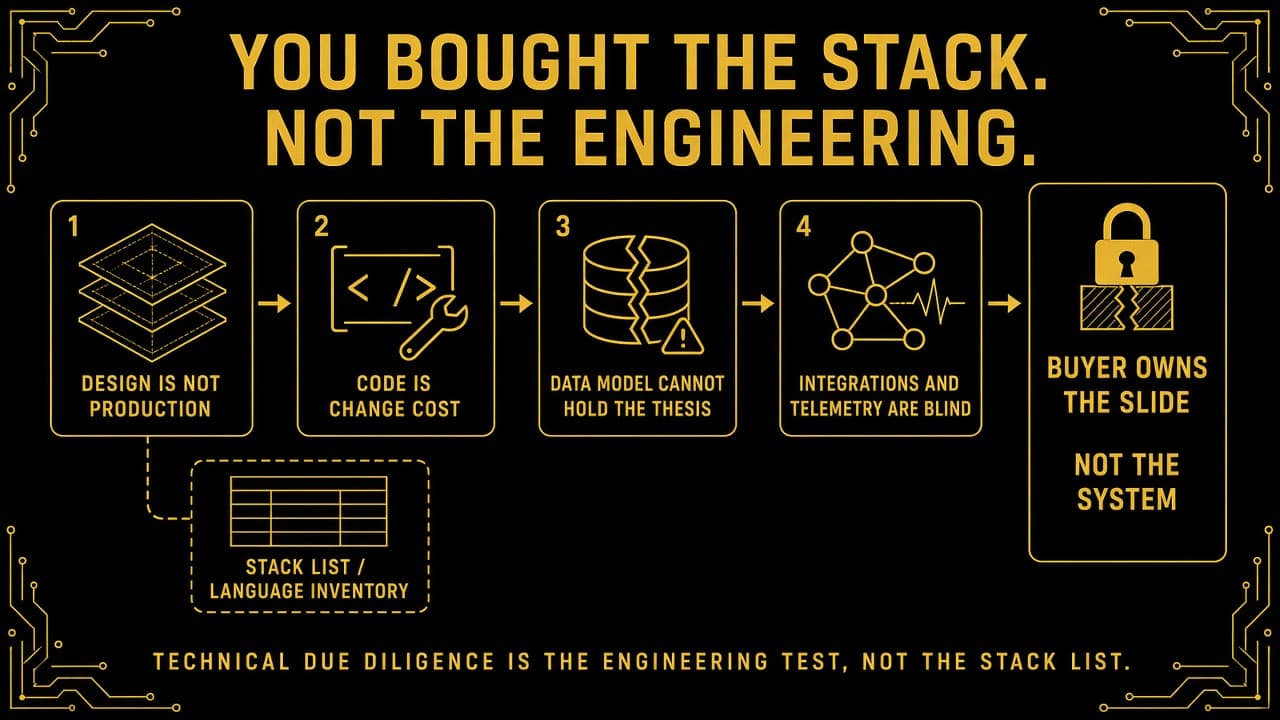 Gold-on-black technical finding diagram. Hook: YOU BOUGHT THE STACK. NOT THE ENGINEERING. Chain: design is not production, code is change cost, data model cannot hold the thesis, integrations and telemetry are blind, into buyer owns the slide not the system. Stack list and language inventory sit on the side path. Footer: Technical due diligence is the engineering test, not the stack list.