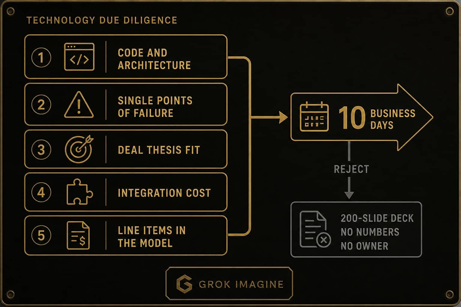 Technology due diligence process: code and architecture, single points of failure, deal thesis fit, and integration cost become line items in the deal model in 10 business days. The rejected path is a 200-slide deck with no numbers and no owner.