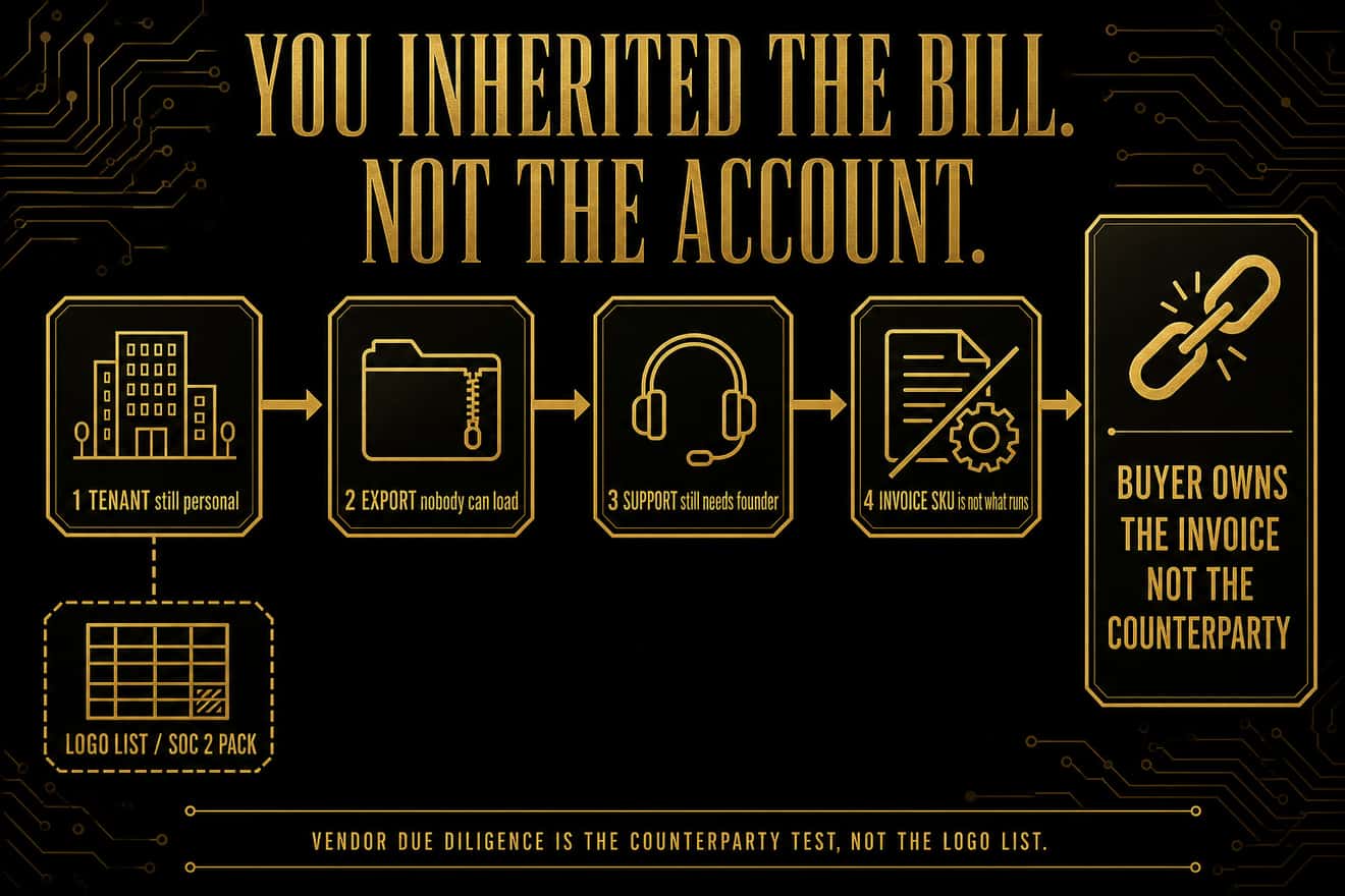 Gold-on-black counterparty diagram. Hook: YOU INHERITED THE BILL. NOT THE ACCOUNT. Tenant still personal, export nobody can load, support still requires the founder, and invoice SKU is not what runs lead to BUYER OWNS THE INVOICE, NOT THE COUNTERPARTY. Logo list and SOC 2 pack sit on the side path. Footer: Vendor due diligence is the counterparty test, not the logo list.